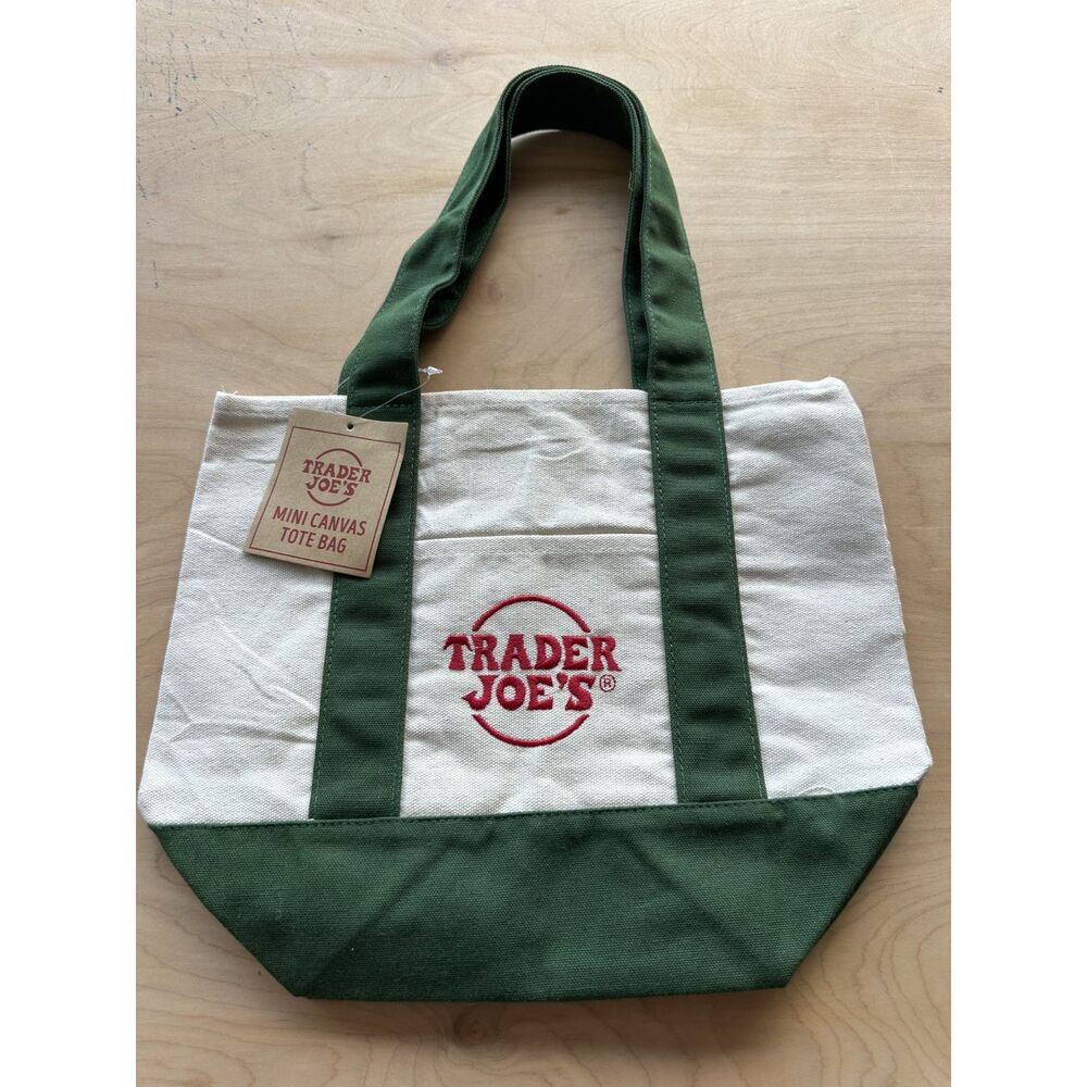 NWT Trader Joe’s Mini Canvas Tote Bag Dark Green & Natural Reusable Grocery Gift